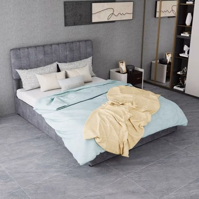 Letto contenitore matrimoniale 140×200 cm con testiera imbottita e sollevamento a gas, senza materasso, grigio
