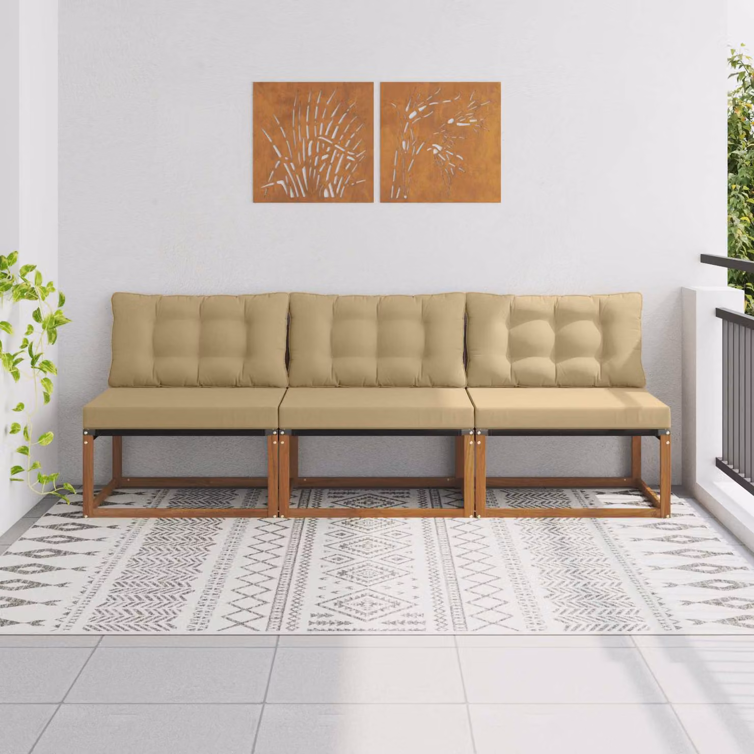 Set di 3 divani centrali da esterno vidaXL in legno di acacia massello con cuscini in tessuto textilene beige e marrone