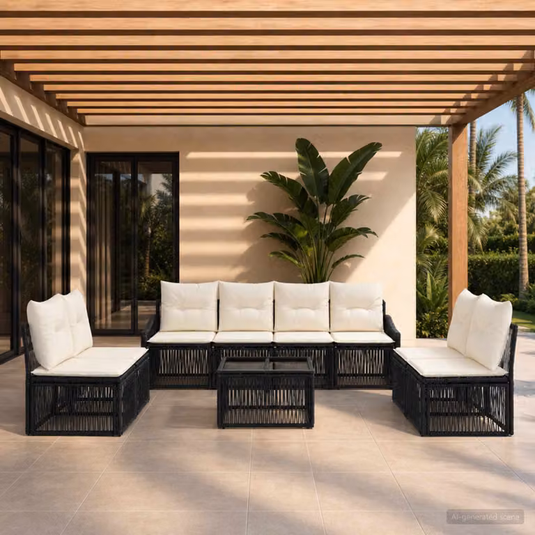 Set Divano da Giardino vidaXL 9 pz a forma di U in Polyrattan Nero con Tavolino e Cuscini Imbottiti
