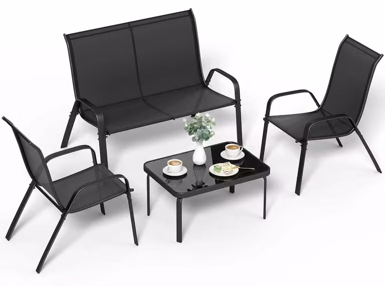 Set di mobili da giardino - Set lounge da 4 pezzi - Per 4 persone - Struttura in metallo - Tessuto Textilene resistente agli agenti atmosferici - Divano, 2 poltrone, tavolino in vetro - Colore: nero