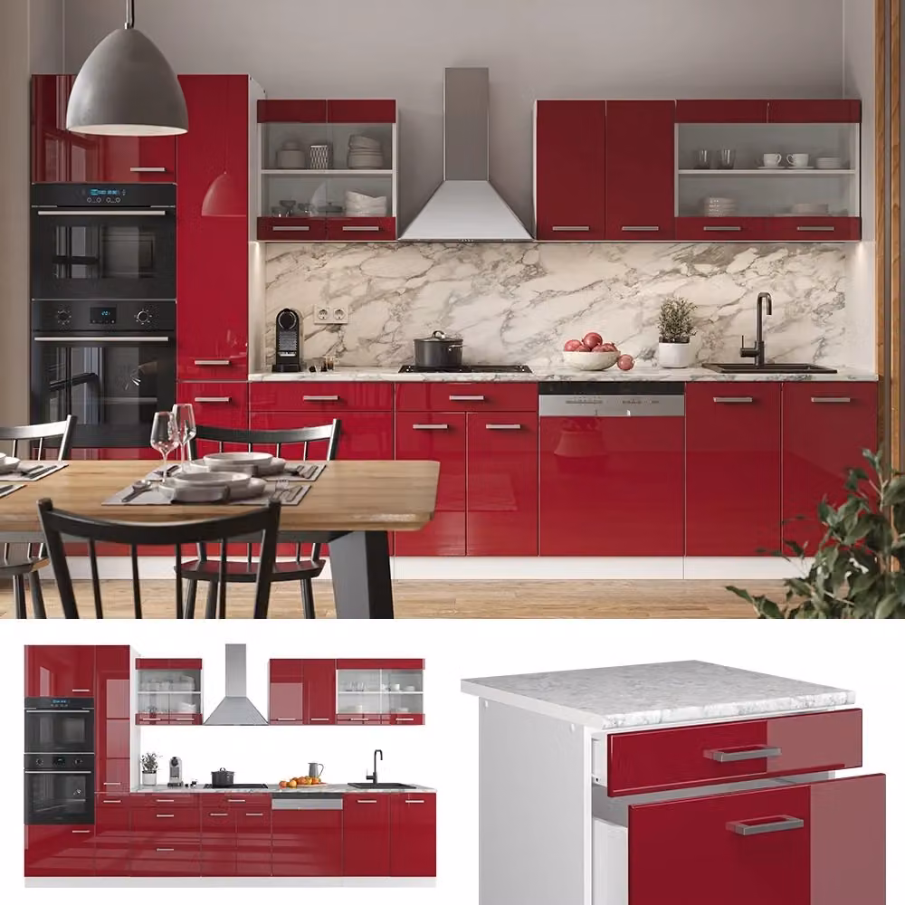 Mobile da cucina Vicco R-Line moderno in rosso lucido e bianco con armadio alto e piano antracite, L: 350 cm – 2