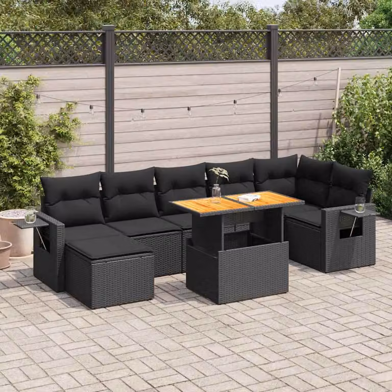 Set Divano da Giardino a L vidaXL in Polyrattan Nero con 8 Pezzi e Cuscini