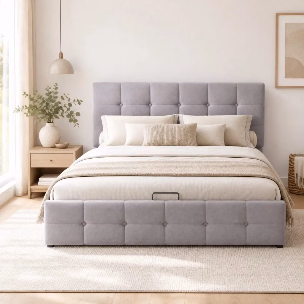 Letto contenitore Mivray imbottito in velluto grigio con sollevamento idraulico e rete a doghe L: 140 cm, P: 200 cm, H: 250 cm – 2
