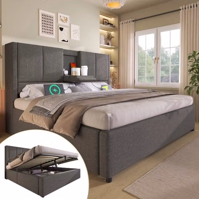 Letto Contenitore Imbottito 140x200 ¨C MINIMAL ¨C Grigio, Idraulico, con Rete a Doghe