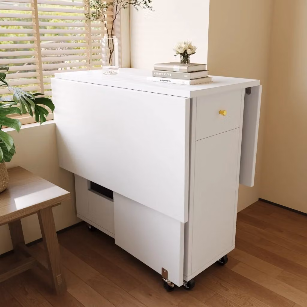 Tavolo da Pranzo Pieghevole Minimal con Ruote e 2 Cassetti Bianco L/P/H: 120 x 75 x 75 cm – 2