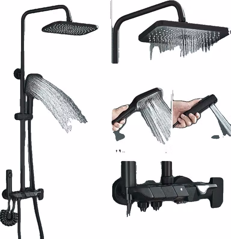 Set di sistemi doccia, struttura in ottone resistente, opzioni doccia versatili, nero