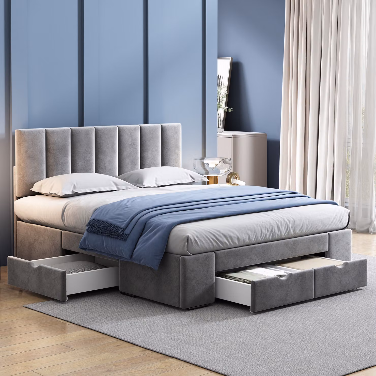 STILVORA Letti imbottiti 140x200 cm Letto matrimoniale con rete a doghe, struttura letto per ragazzi con vano contenitore e schienale, velluto, grigio (senza materasso)