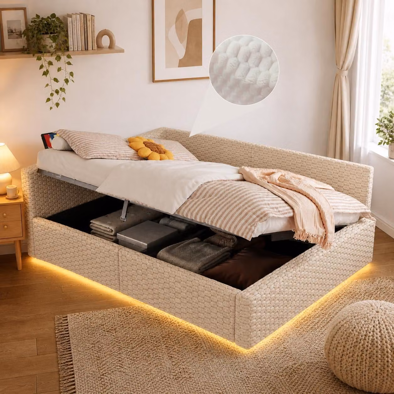 Divano letto Flieks 140x200 cm con LED e prese di ricarica, letto imbottito idraulico con vano contenitore, divano letto matrimoniale con schienale, velluto, beige
