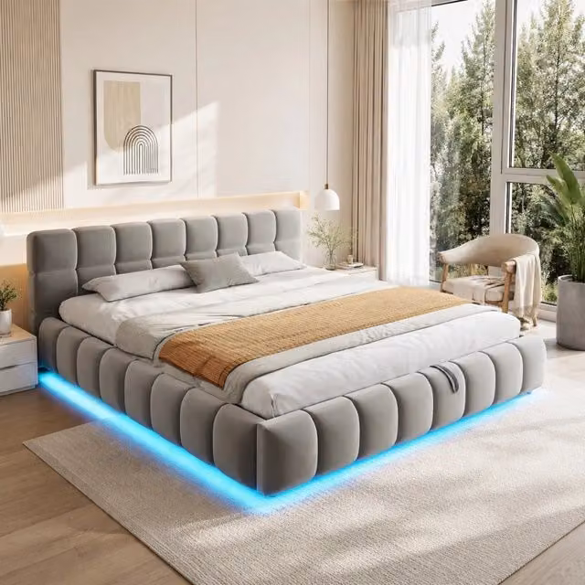 Letto imbottito 180x200 cm in velluto grigio con contenitore idraulico e LED
