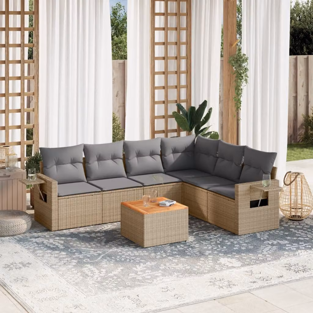vidaXL Set Divani da Giardino 7 pz a Forma a L in Polyrattan con Cuscini Beige e Grigio – 1