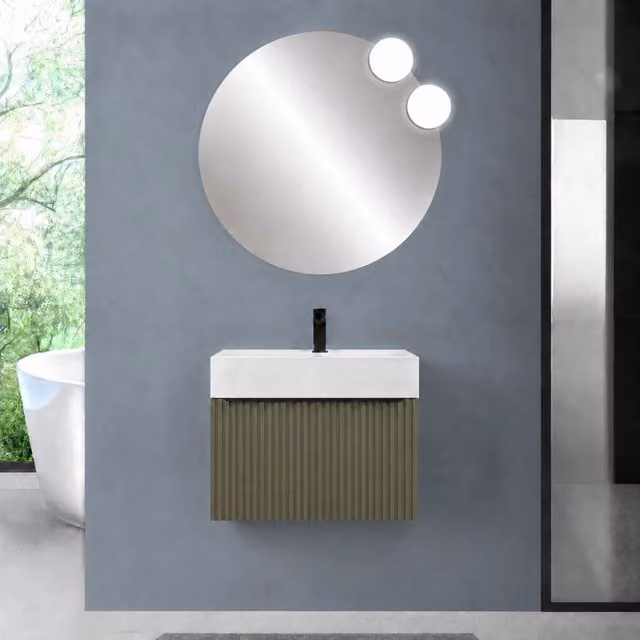 Mobile bagno sospeso 80 cm verde opaco con un cassetto e lavabo alto in resina Nara