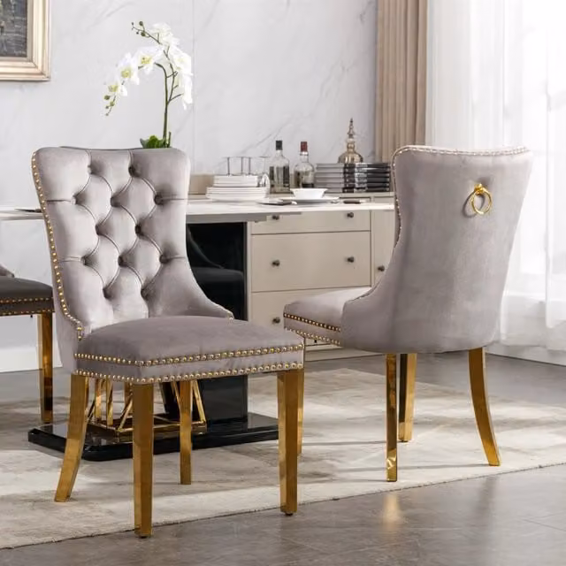 A&A Furniture, Collezione Nikki, Sedia da pranzo moderna di alta gamma in legno massello trapuntato con rivestimento in velluto, gambe in acciaio inox