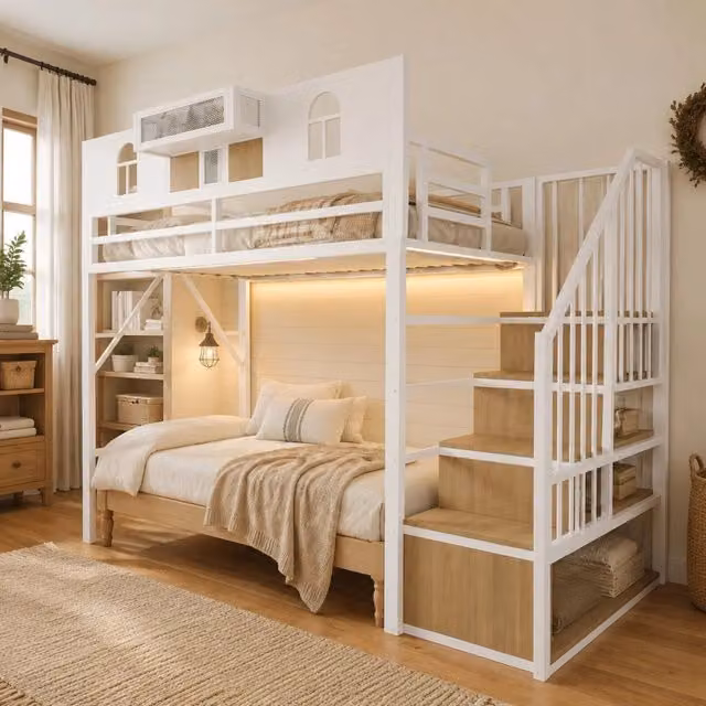 Letto a soppalco MIVRAY bianco con scala contenitore, ripiani laterali e barra luminosa in metallo e MDF, L/P/H: 200 x 90 x 187 cm