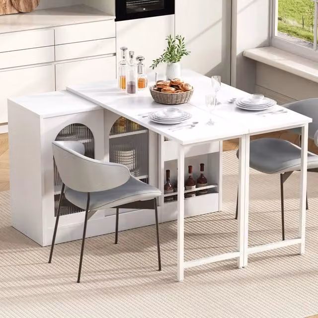 Tavolo bar allungabile con 2 ante e vani aperti piano girevole 360 gradi per cucina e sala da pranzo bianco 121.5 × 40 × 76.7 cm