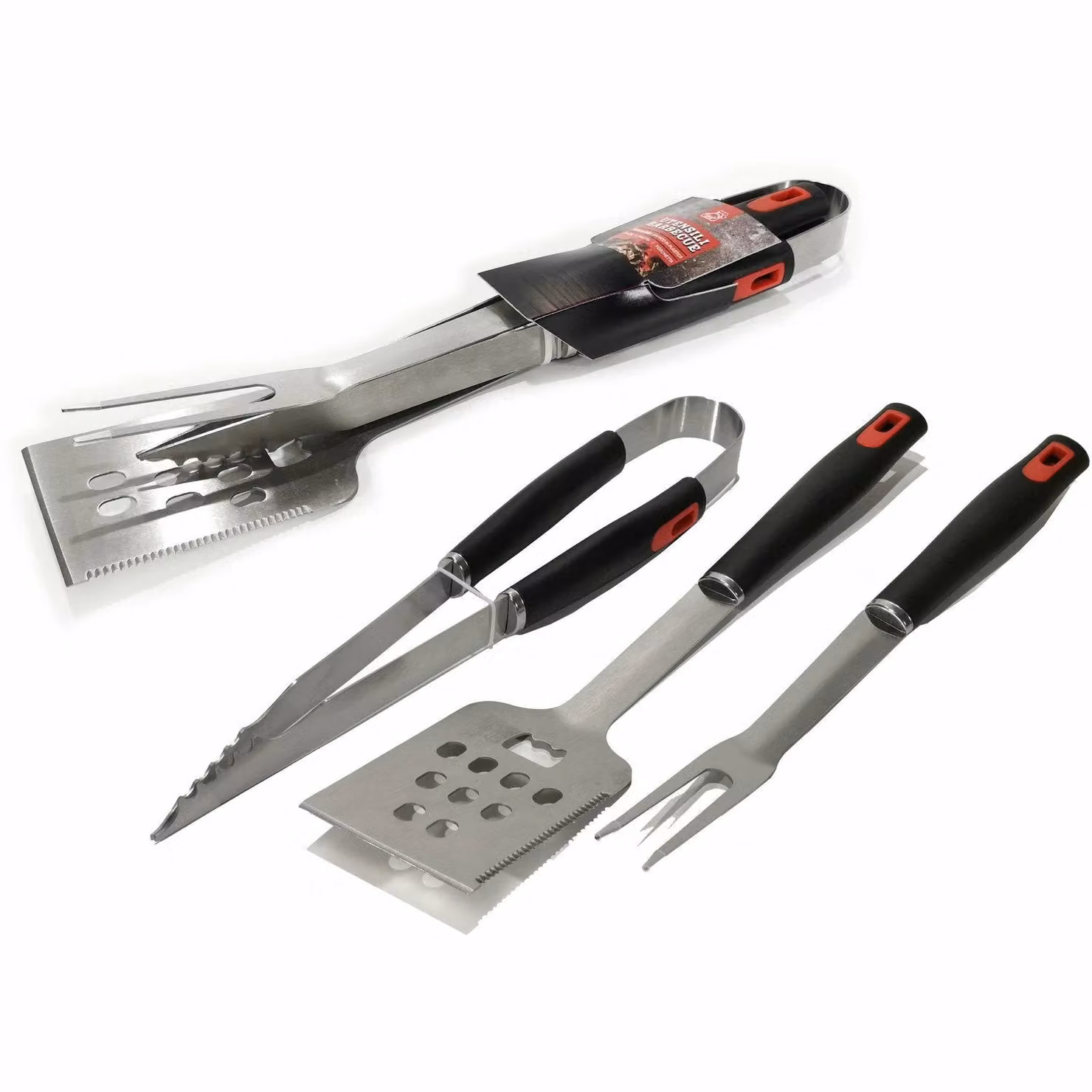 Gusto Casa Set di 3 Utensili per Barbecue in Acciaio Inox e Plastica, Colore Argento