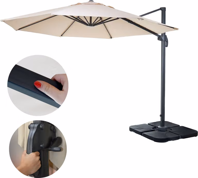 Ombrellone semaforo gastronomico HWC-A96, ombrellone rotondo Ø 3m poliestere alluminio/acciaio 23kg ~ crema con supporto