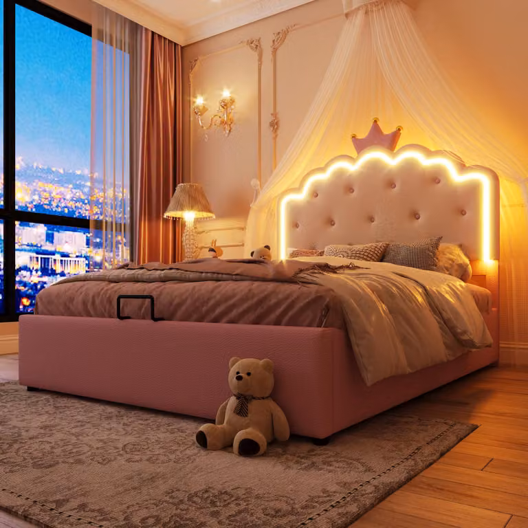 Letto imbottito Merax 140x200 cm, letto da principessa, letto per bambini con contenitore idraulico, LED, rete a doghe, forma a , letto piano, letto per ragazzi, PU, rosa
