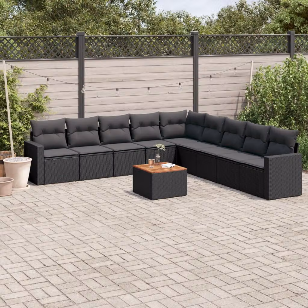 Set di divani da giardino vidaXL in polyrattan nero e marrone con cuscini inclusi e tavolino da esterno – 1
