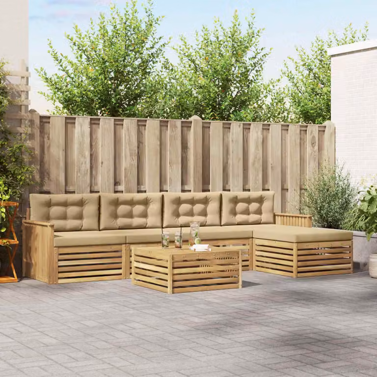 Set di divani da esterno vidaXL 6 pz in legno di acacia e poliestere, Bianco, Beige e Marrone