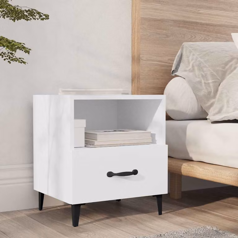 Comodino moderno vidaXL in legno e metallo bianco opaco per camera da letto L: 47,5 cm, P: 35,0 cm, H: 40,0 cm
