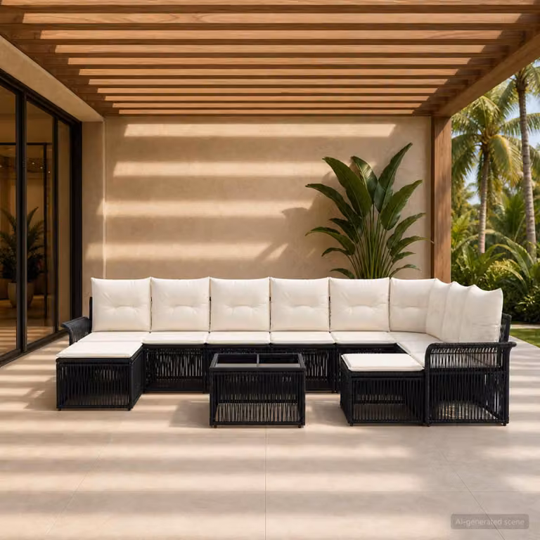 Set Divano da Giardino vidaXL 10 Pezzi in Polyrattan con Cuscini, Colore Nero e Bianco Crema