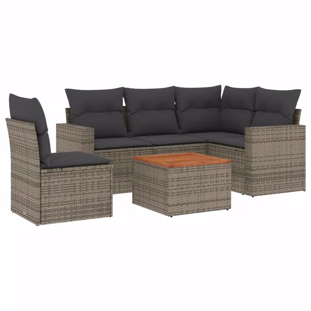 vidaXL Set Divano da Giardino a L in Polyrattan Grigio con 6 Cuscini Imbottiti e Tavolino – 2