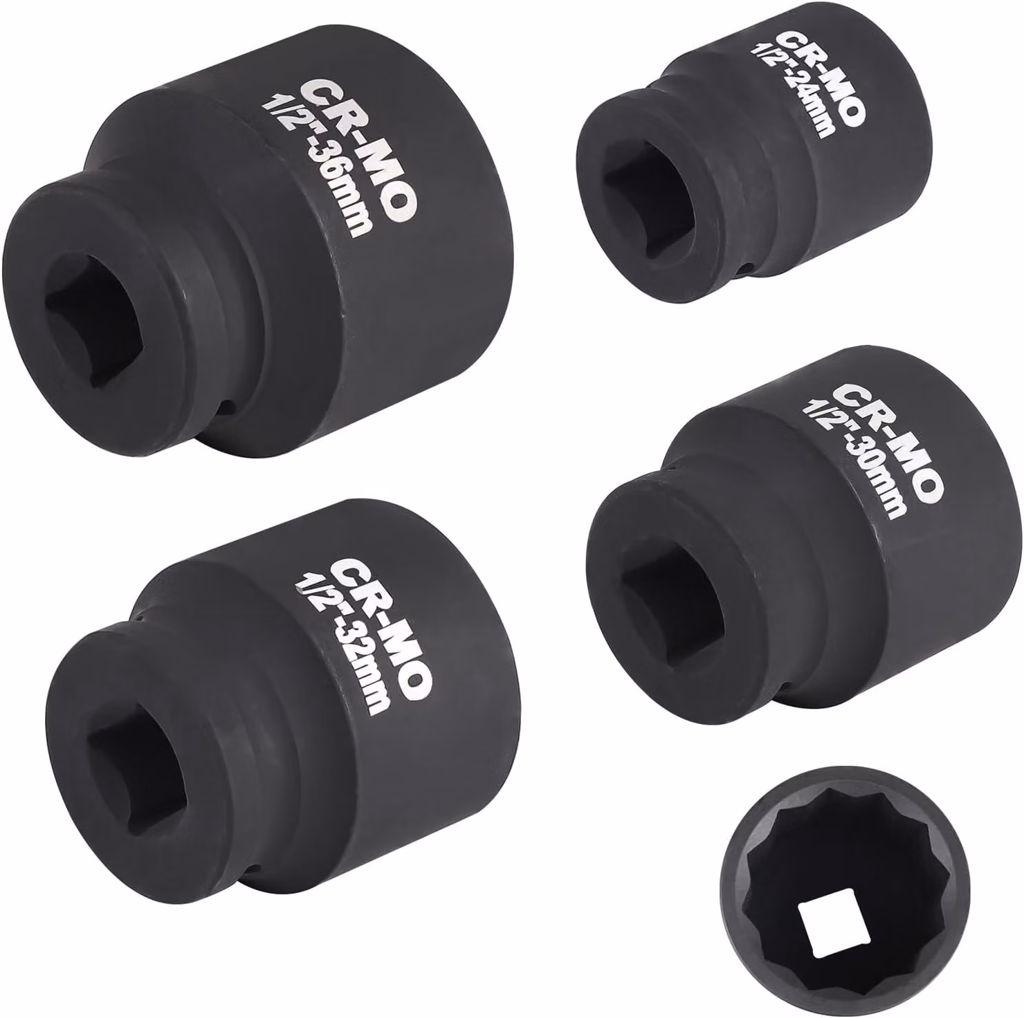 Set di chiavi a bussola, 4 pezzi, 1/2 pollice, con misure 24 mm, 30 mm, 32 mm e 36 mm, in acciaio cromo-molibdeno, per uso in officina