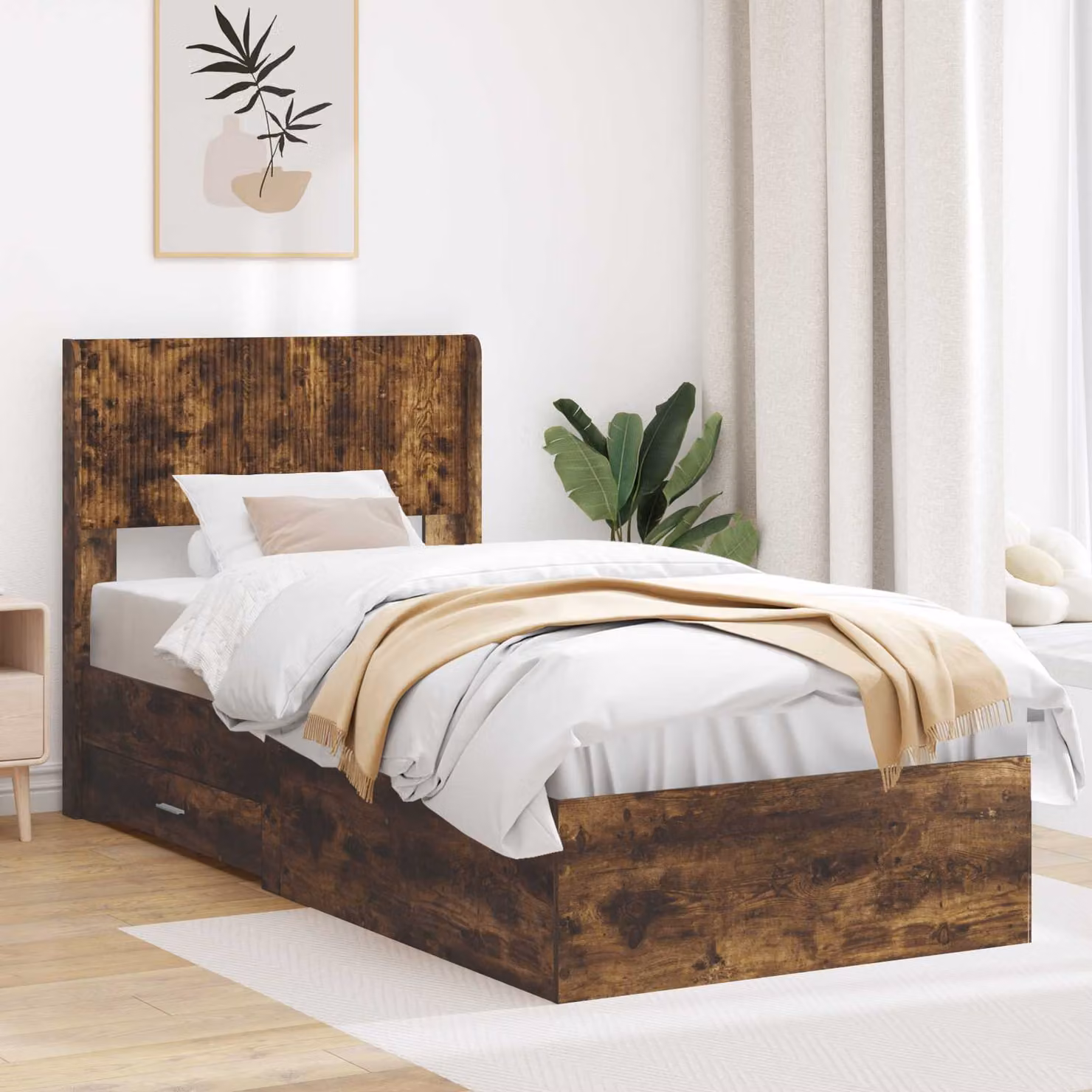 Struttura letto con contenitore e testata vidaXL in legno Rovere Fumo L: 140 cm, P: 105 cm, H: 203 cm