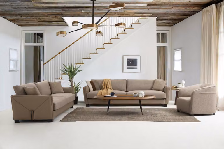 Sofagarnitur 441 Sitzer Sessel Viersitzer Modern Stoff Beige Set 3tlg