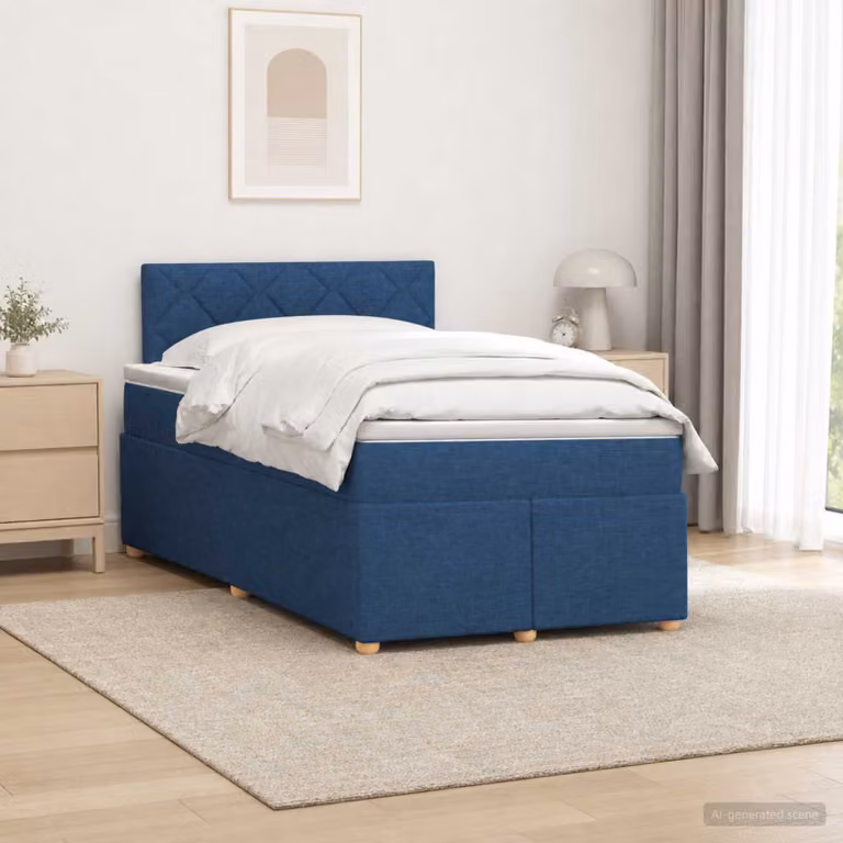 Letto box spring con materasso ibrido vidaXL in tessuto blu e bianco L/P: 120 x 200 cm