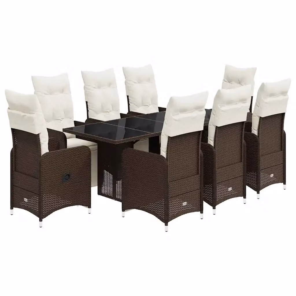 Set Bistrò da Giardino vidaXL in Polyrattan Marrone e Bianco con Cuscini e Tavolo in Vetro, 9 Pezzi – 2
