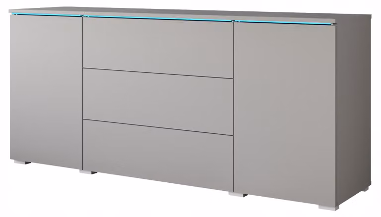 Comò da salotto di 150 cm, con 3 cassetti e 2 ante, finitura grigio opaco, con illuminazione LED