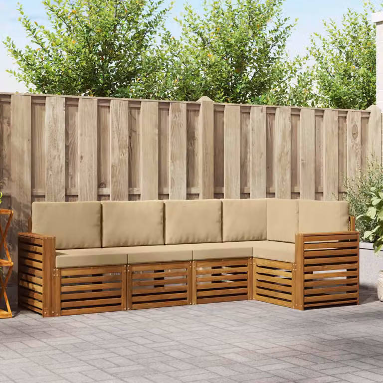 Set di divani da esterno vidaXL a forma di L composto da 5 pezzi in legno di acacia con cuscini beige e bianchi in poliestere resistente ai raggi UV