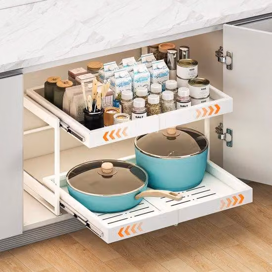 Organizzatore estraibile a 2 livelli per armadi, ideale per ottimizzare lo spazio in cucina, regolabile da 13,7 a 19,7 pollici, dotato di guide silenziose e realizzato Acciaio al carbonio multistrato
