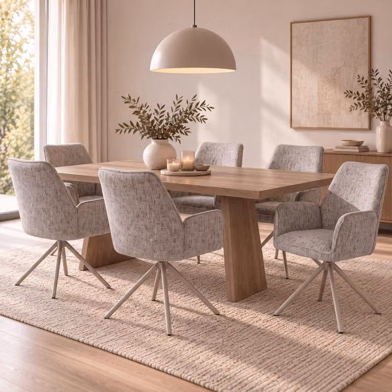 Set di 6 sedie da pranzo modello HWC-G67, girevoli, con meccanismo di auto-regolazione, rivestite in tessuto chenille (410g/m²), struttura color crema, rivestimento beige-grigio chiaro