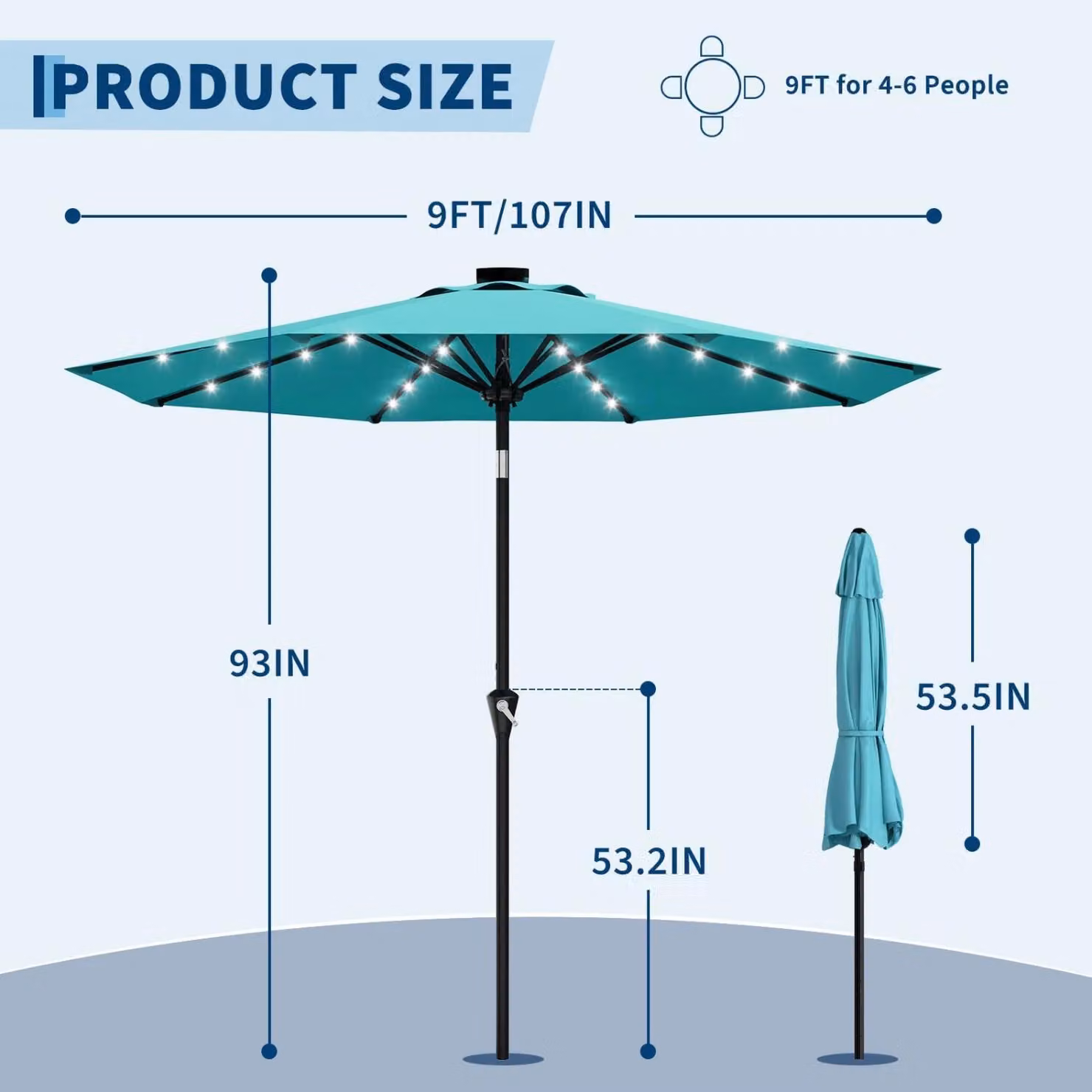Ombrellone da giardino solare - Ombrellone per terrazza, 270 cm - Illuminazione a LED - Manovella con funzione di inclinazione - 8 robuste stecche - Adatto per tavoli da giardino - Resistente alle intemperie - Colore: azzurro cielo