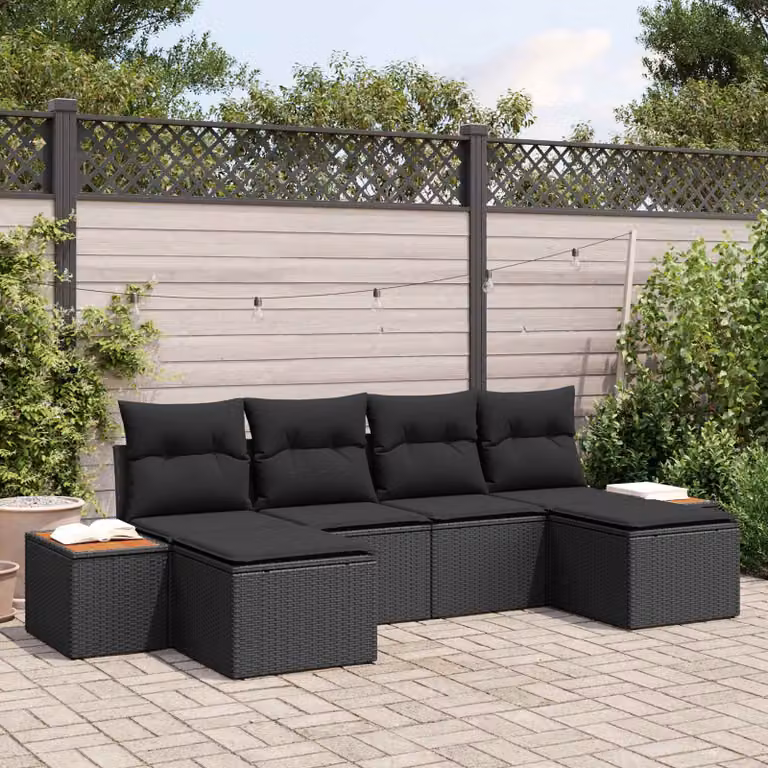 Set Divano da Giardino a L vidaXL 6 pz Nero con Cuscini in Rattan e Struttura in Acciaio