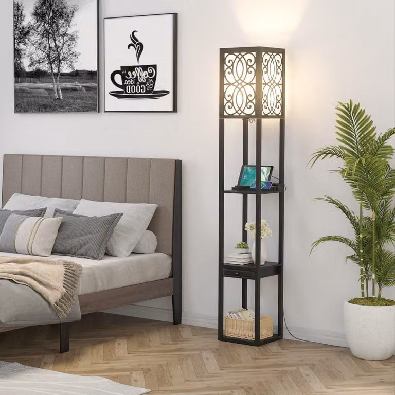 Lampada da terra con ripiani e cassetto per soggiorno camera da letto 26 x 26 x 160,5 cm nera