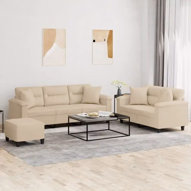 Set Divani 3 pz con Cuscini Crema in Tessuto Microfibra 3202360