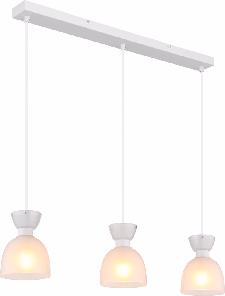 Lampada a sospensione Globo Lighting, struttura in metallo bianco opaco, diffusore in vetro opale, cavo in PVC bianco, altezza regolabile, dimensioni: 650x130x1200 mm, esclusa lampadina: 3 x E14, 40W, 230V