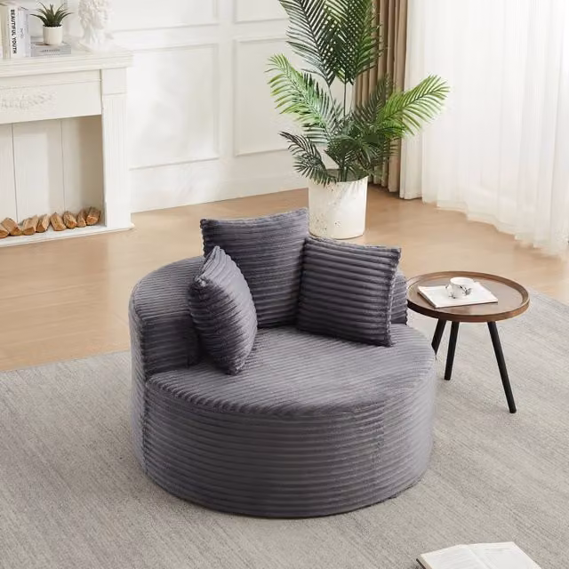 Poltrona lounge rotonda OKWISH in velluto a coste grigio con braccioli larghi e 3 cuscini, design minimalista, L: 116 cm, P: 34 cm, H: 31 cm
