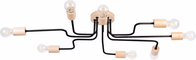 Lampadario a soffitto industriale PALMOS Pure Lume in metallo nero e legno con 8 x E27