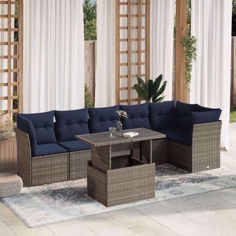 Set Divani da Giardino vidaXL 7 Pezzi con Tavolino in Polyrattan e Cuscini, Design Moderno a L con Struttura in Acciaio, Colore Grigio e Blu