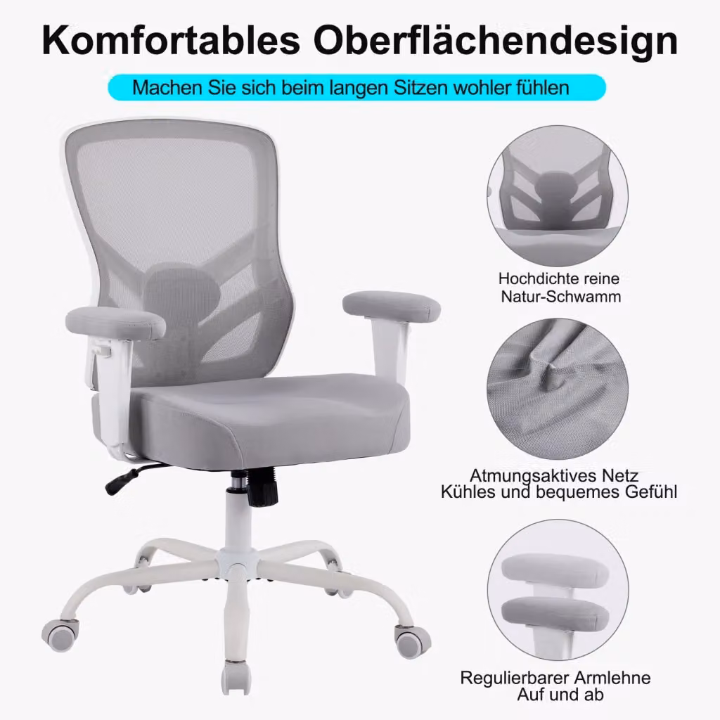 Sedia da ufficio ergonomica moderna in tessuto e pelle grigia con braccioli e base multidirezionale – 2