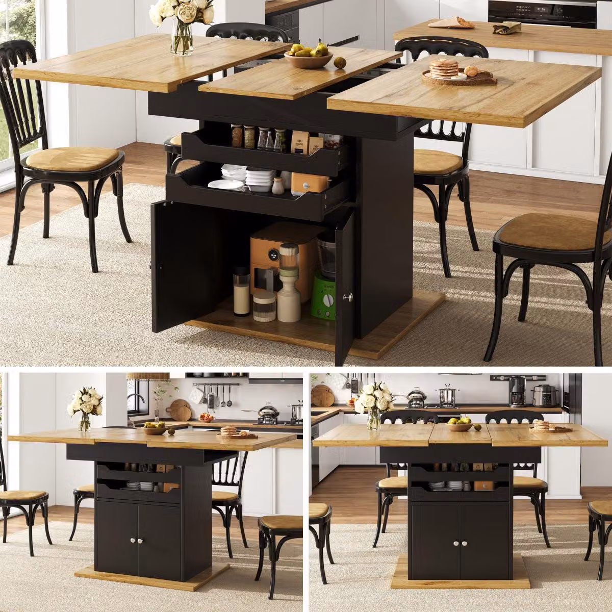 Tavolo da pranzo allungabile 110-140x80cm Tavolo da cucina con portabottiglie e anta in vetro, look nero/legno, tavolo telescopico per 4-6 persone con chiusura ammortizzata