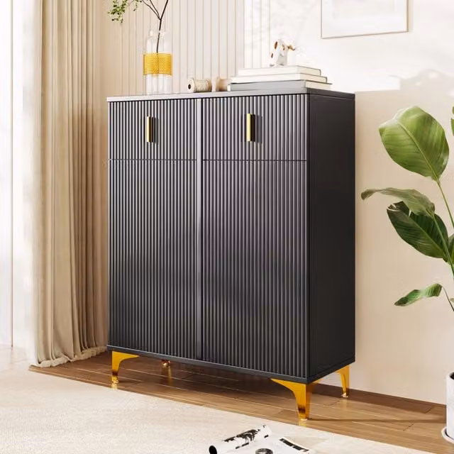 Madia REDOM moderna in legno MDF nera e oro con design geometrico L 83 cm x P 35 cm x H 101 cm – 1