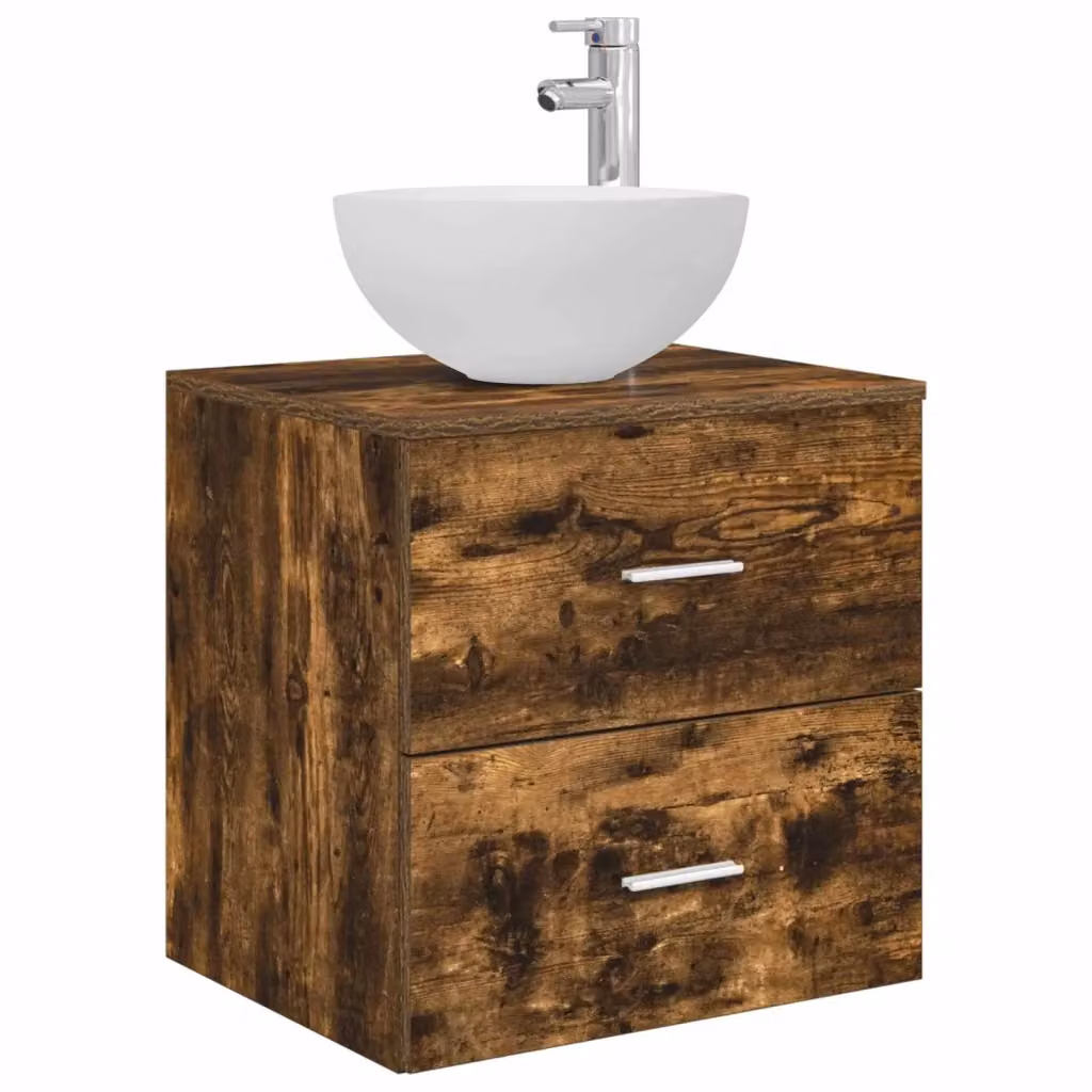 Mobiletto con Lavabo da Parete Moderno vidaXL in Rovere Fumo con Cassetti e Ante, L/P/H: 49,5 x 35 x 63 cm – 2