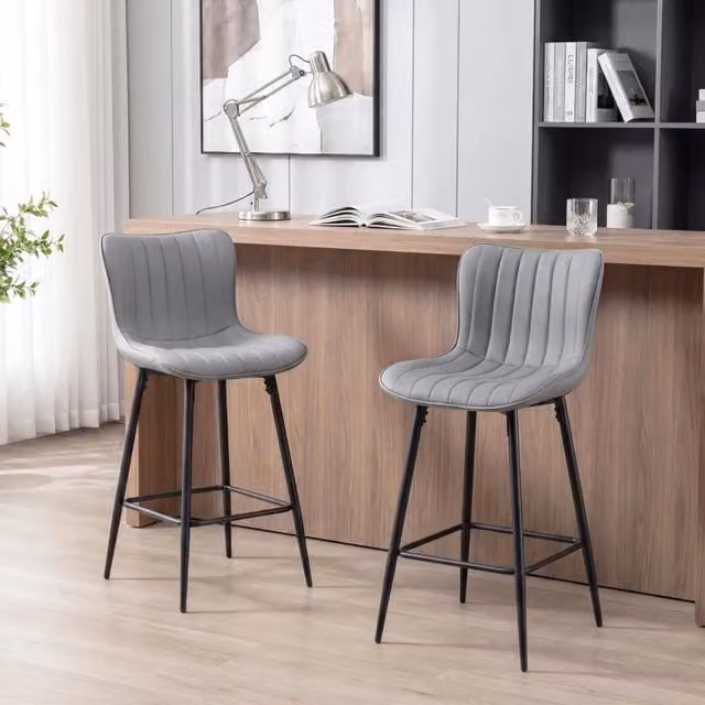 Set di 2 Sgabelli da Bar Alti per Cucina in Ecopelle Grigio con Schienale Ergonomico Seduta Imbottita e Struttura in Metallo