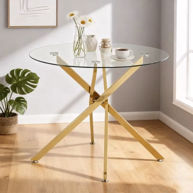 Tavolo rotondo moderno WISHDOR con piano in vetro trasparente e gambe in metallo dorato, L: 80 cm, P: 80 cm, H: 76 cm