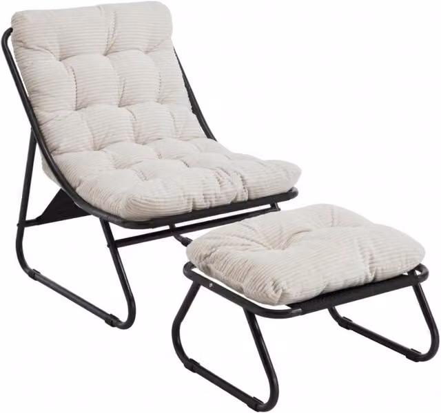 Poltrona lounge da esterno con pouf e cuscino imbottito in tessuto sling e struttura in acciaio bianco